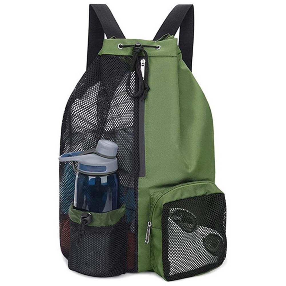 Mesh Drawstring Swimming Bag Beach Backpack with Wet Pocket for Fitness Workout Green